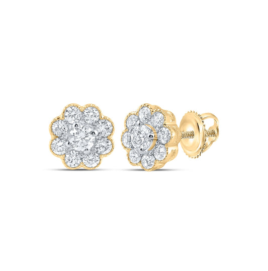 14K Yellow Gold Womens Round Diamond Flower Cluster Earrings 3/4ctw