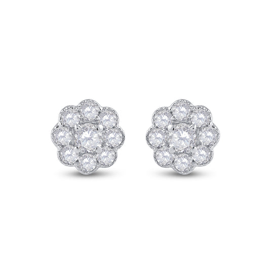 14K White Gold Womens Round Diamond Cluster Earrings 3/4 Cttw
