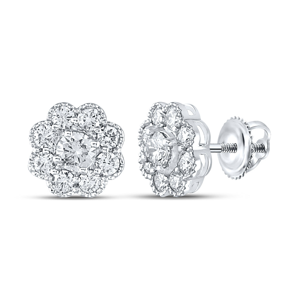 14K White Gold Womens Round Diamond Flower Cluster Stud Earrings 1 Cttw, Length: 0.35 In, Width: 0.35 In