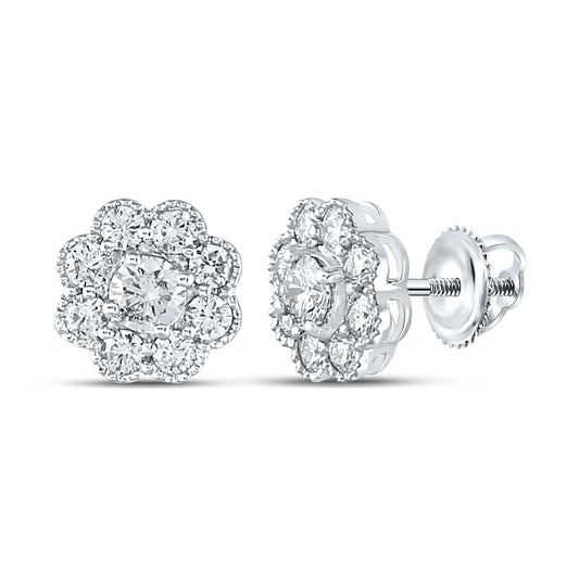 14K White Gold Womens Round Diamond Flower Cluster Stud Earrings 1 Cttw, Length: 0.35 In, Width: 0.35 In