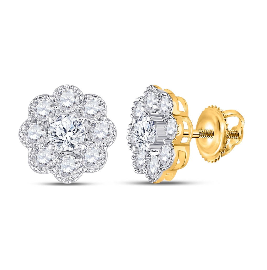 14K Yellow Gold Womens Round Diamond Flower Cluster Earrings 2 Cttw