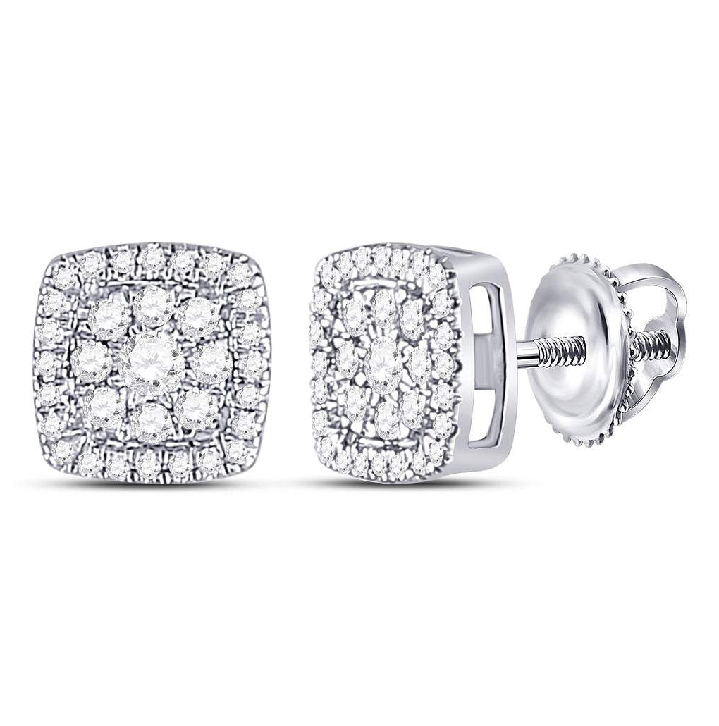 14K White Gold Womens Round Diamond Square Cluster Earrings 1/4 Cttw, Length: 0.29 In, Width: 0.29 In