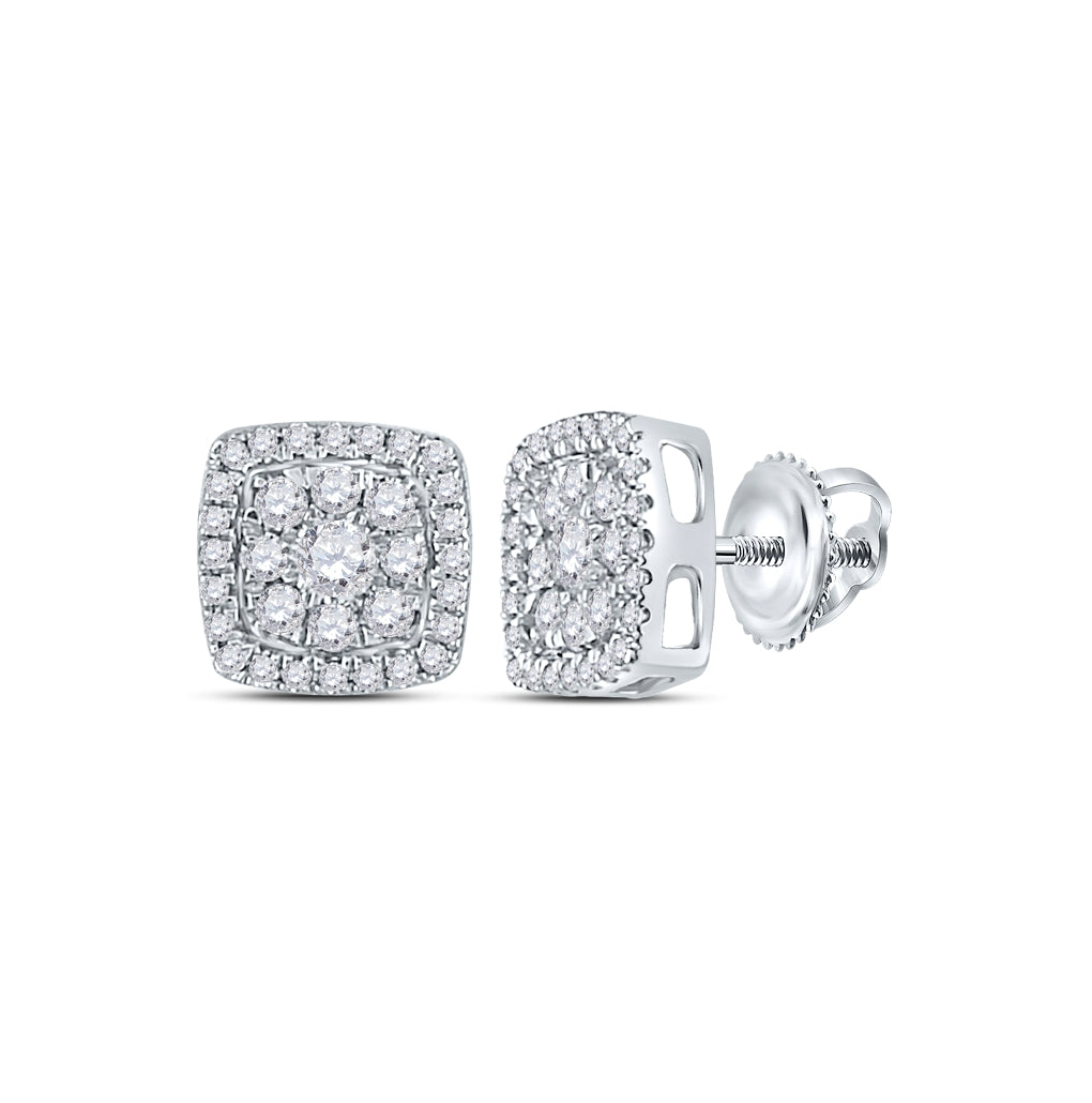 14K White Gold Womens Round Diamond Square Cluster Earrings 1/2 Cttw