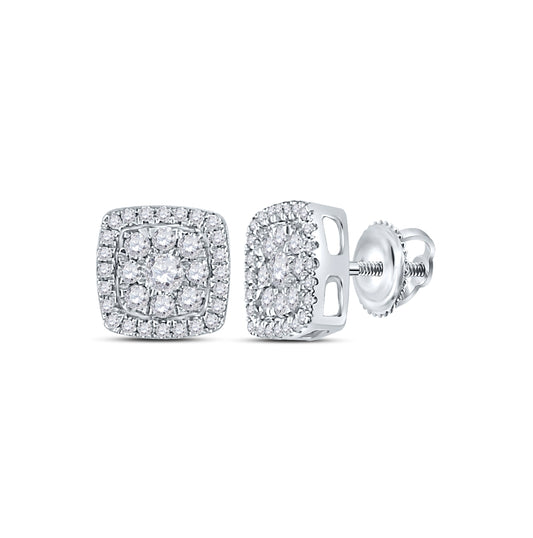 14K White Gold Womens Round Diamond Square Cluster Earrings 1/2 Cttw