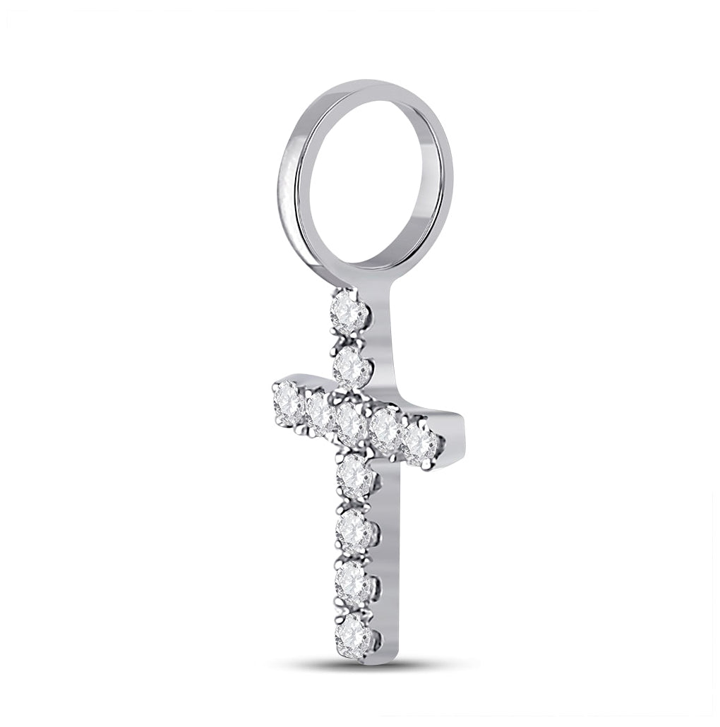 14K White Gold Womens Round Diamond Dainty Cross Pendant 1/10 Cttw