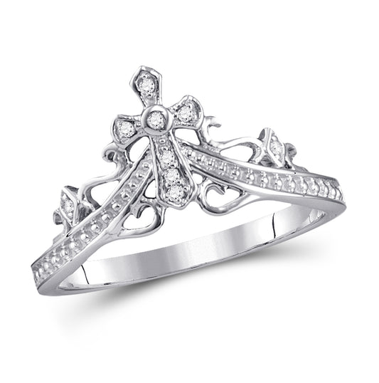 14kt White Gold Womens Round Diamond Cross Crown Tiara Band Ring 1/20 Cttw