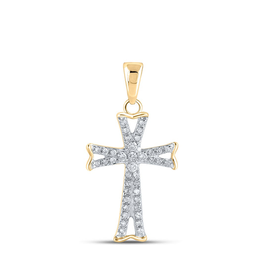 14K Yellow Gold Womens Round Diamond Flared Cross Pendant 1/8 Cttw