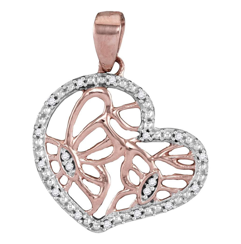 14K Rose Gold Womens Round Diamond Heart Butterfly Pendant 1/20ctw