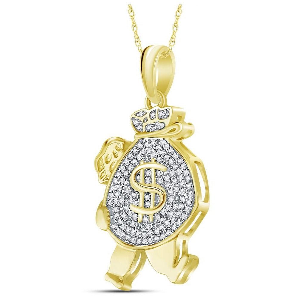 10K Yellow Gold Mens Round Diamond Money Bag Man Charm Pendant 1/4 Cttw, Length: 1.14 In, Width: 0.59 In
