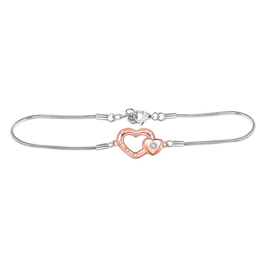 Sterling Silver Womens Round Diamond Double Heart Fashion Bracelet 1/20 Cttw, Length: 7.09 In, Width: 0.47 In