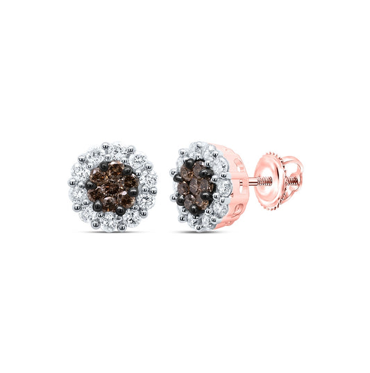 14K Rose Gold Womens Round Brown Diamond Cluster Earrings 1/2 Cttw, Length: 0.24 In, Width: 0.24 In
