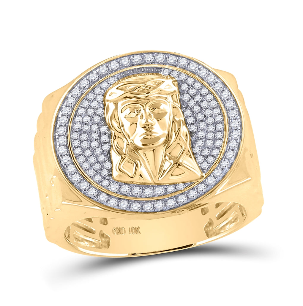 10K Yellow Gold Mens Round Diamond Jesus Face Circle Ring 5/8 Cttw, Mens Size: 7-13