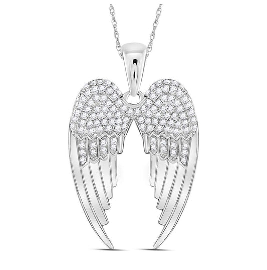 Sterling Silver Womens Round Diamond Angel Wings Pendant 3/8ctw