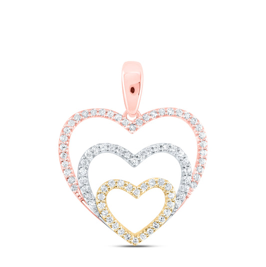10K Tri-Tone Gold Womens Round Diamond Triple Nested Heart Pendant 1/3 Cttw