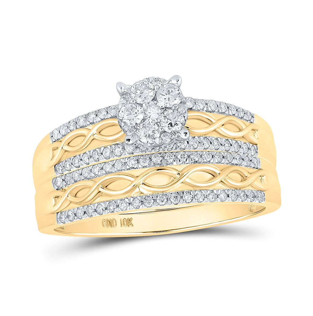 10K Yellow Or White Or Rose Gold His Hers Round Diamond Cluster Matching Wedding Set , Womens Size: 5-10, Mens Size: 7-13