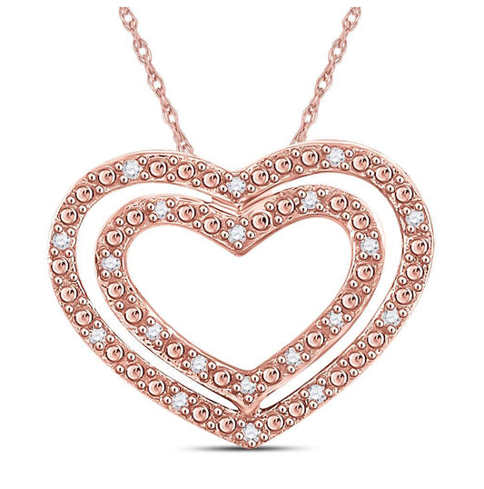 10K Rose Gold Womens Round Diamond Double Heart Pendant 1/12 Cttw