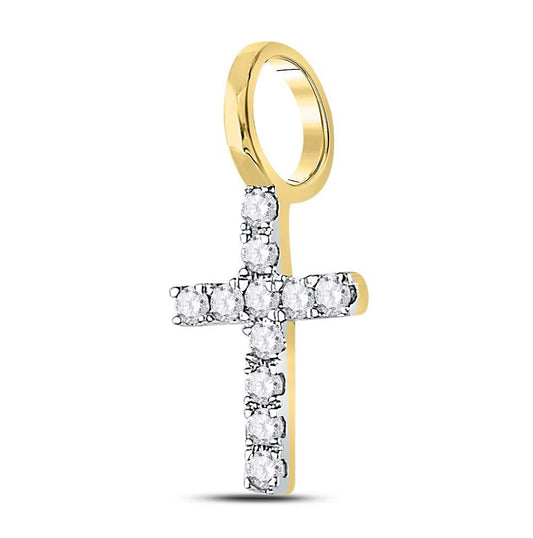 14K Yellow Gold Womens Round Diamond Dainty Cross Pendant 1/10 Cttw