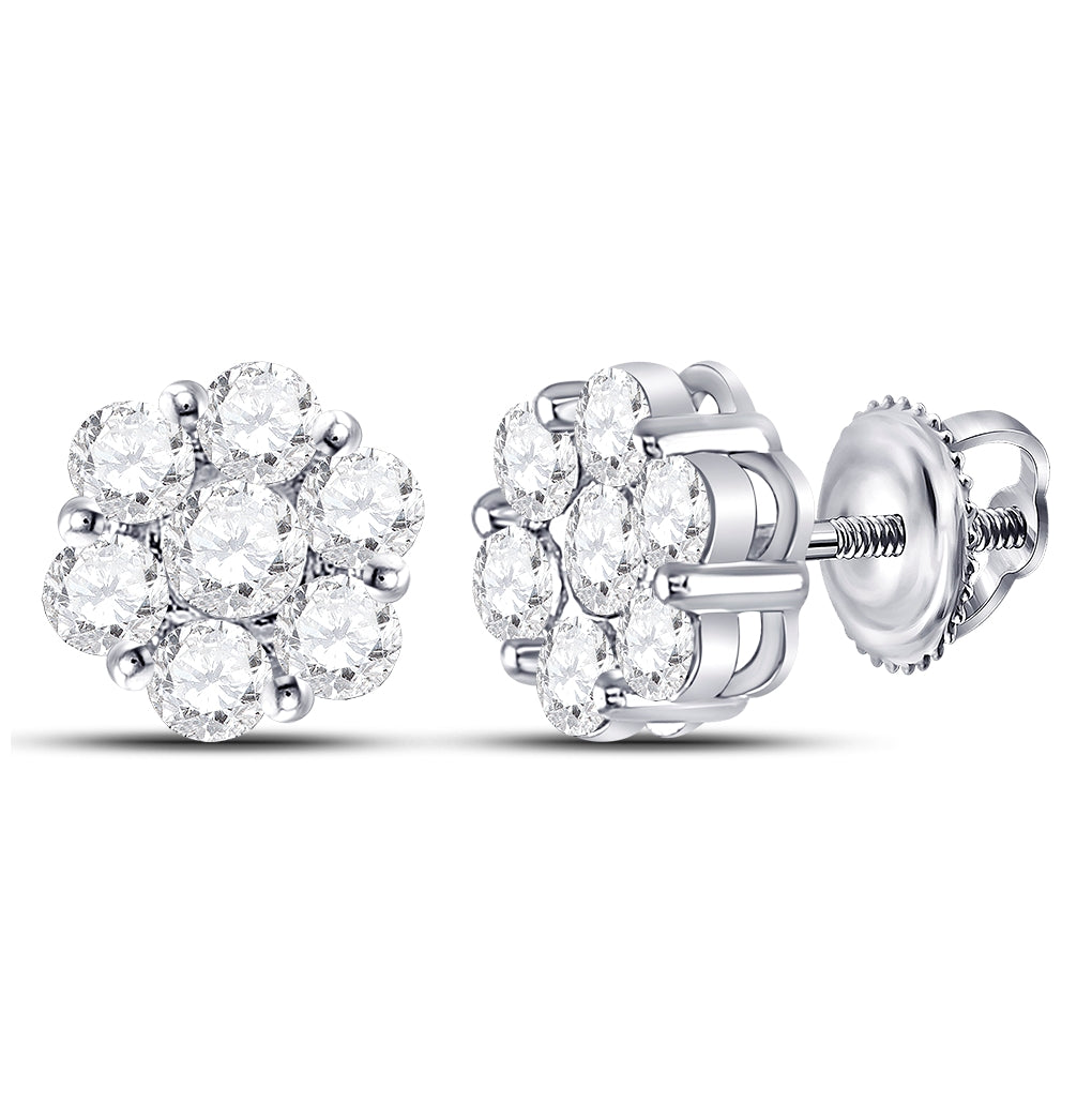 14kt White Gold Womens Round Diamond Flower Cluster Earrings 2.00 Cttw