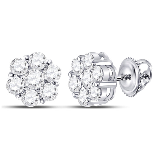 14kt White Gold Womens Round Diamond Flower Cluster Earrings 2.00 Cttw
