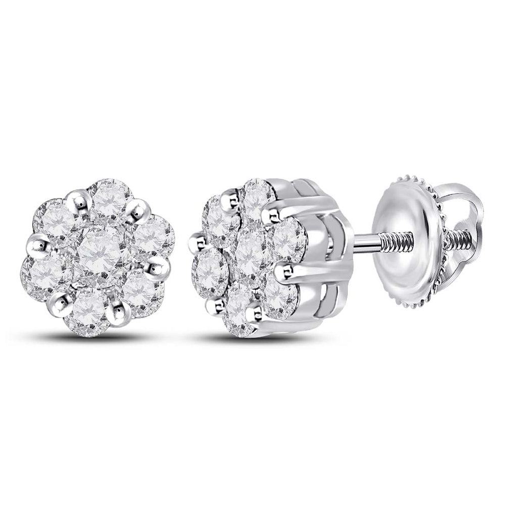 14K White Gold Womens Round Diamond Flower Cluster Earrings 1/2ctw