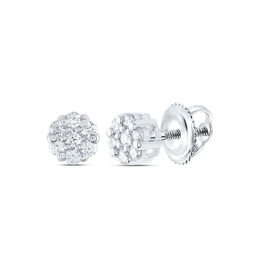 14K White Gold Women's Round Diamond Flower Cluster Earrings 1/4ctw
