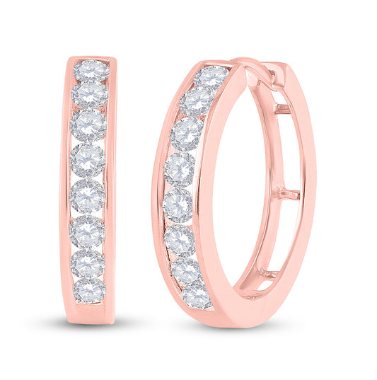 10K Rose Gold Womens Round Diamond Hoop Earrings 1 Cttw, Length: 0.74 In