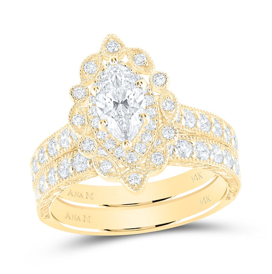 14K Yellow Gold Marquise Diamond Halo Bridal Wedding Ring Band Set 2 Cttw, Womens Size: 5-10