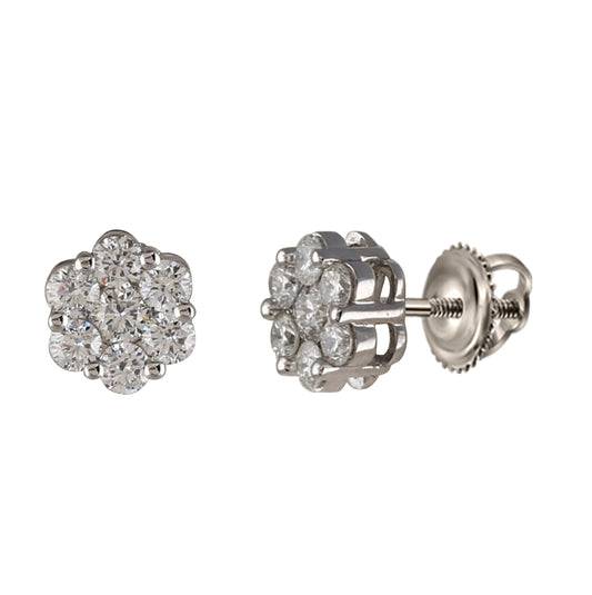 14K White Gold Womens Round Diamond Flower Cluster Earrings 1-1/2 Cttw