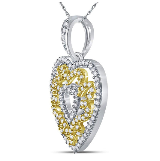 10kt Yellow Gold Womens Round Diamond Nested Curl Heart Pendant 1/2 Cttw