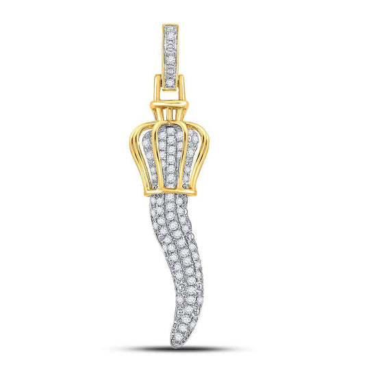 10K Yellow Gold Mens Round Diamond Italian Horn Charm Pendant 1/2 Cttw, Length: 1.63 In, Width: 0.28 In