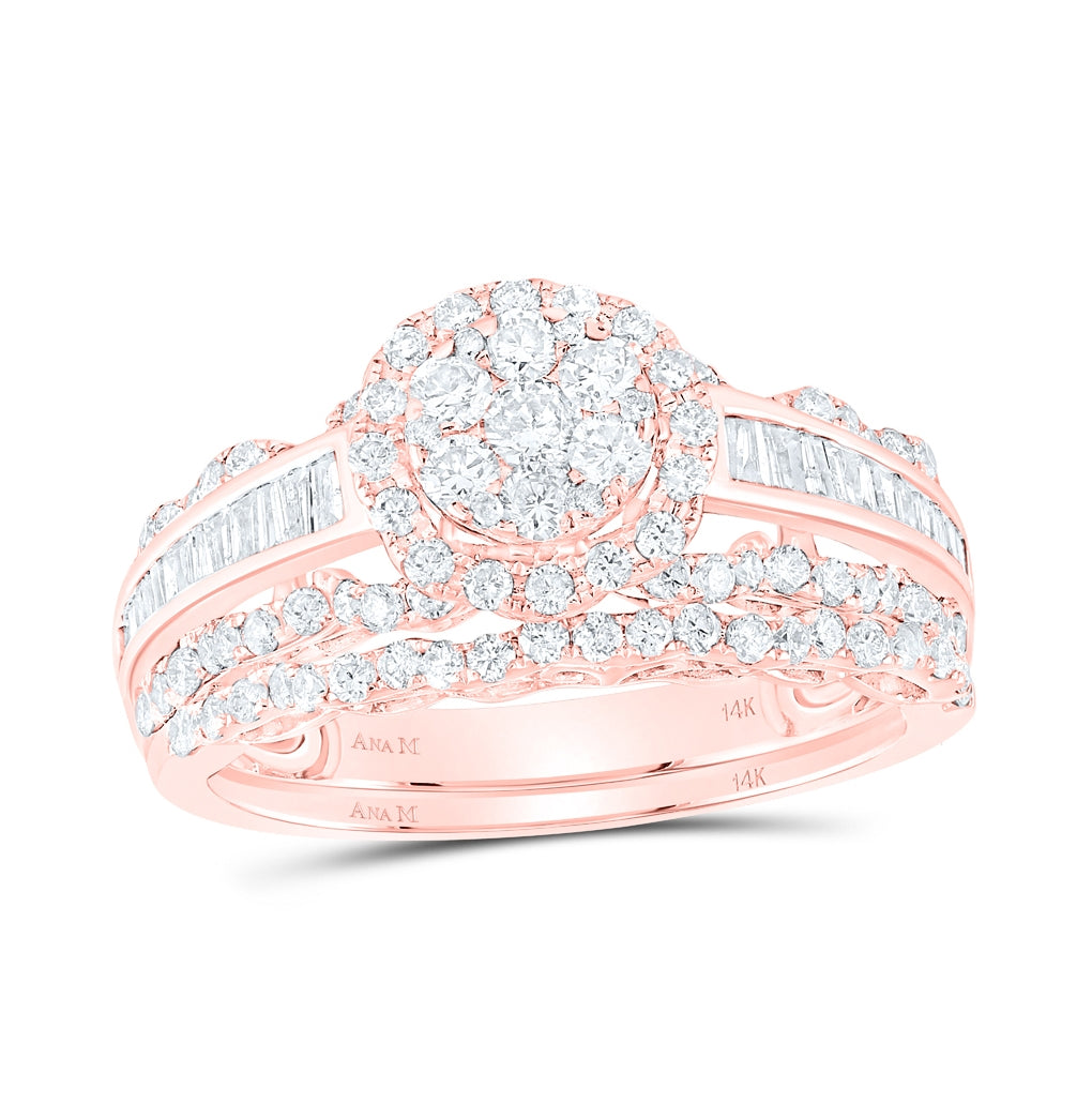 14kt Rose Gold Womens Round Diamond Cluster Bridal Wedding Engagement Ring Band Set 1-1/3 Cttw