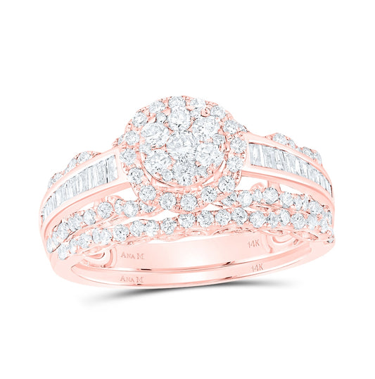 14kt Rose Gold Womens Round Diamond Cluster Bridal Wedding Engagement Ring Band Set 1-1/3 Cttw