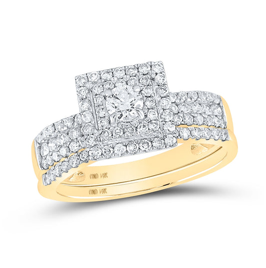 14K Yellow Gold Round Diamond Halo Bridal Wedding Ring Band Set 7/8 Cttw, Womens Size: 5-10