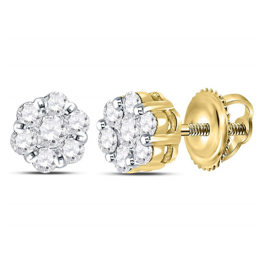 14kt Yellow Gold Womens Round Diamond Flower Cluster Earrings 3/4 Cttw