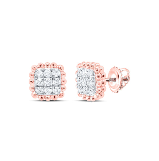 10K Rose Gold Womens Round Diamond Beaded Square Frame Cluster Earrings 1/4 Cttw
