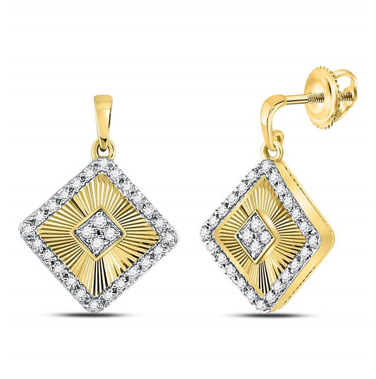 10K Yellow Gold Womens Round Diamond Diagonal Square Dangle Earrings 1/5 Cttw