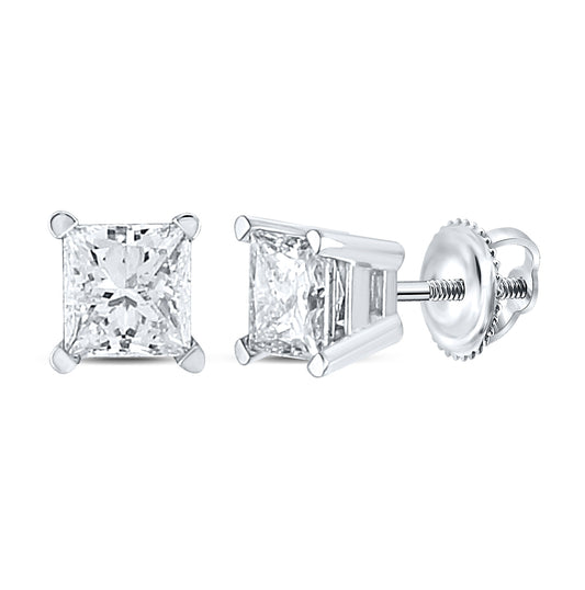 14kt White Gold Unisex Princess Diamond Solitaire Stud Earrings 7/8 Cttw