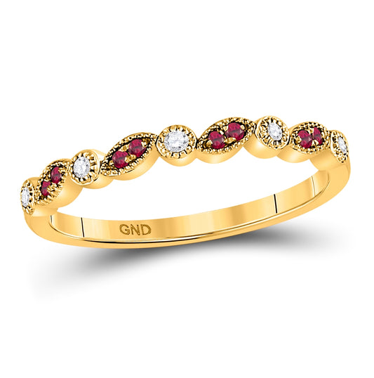 10K Yellow Gold Womens Round Ruby Diamond Stackable Band Ring 1/8 Cttw, Womens Size: 5-10
