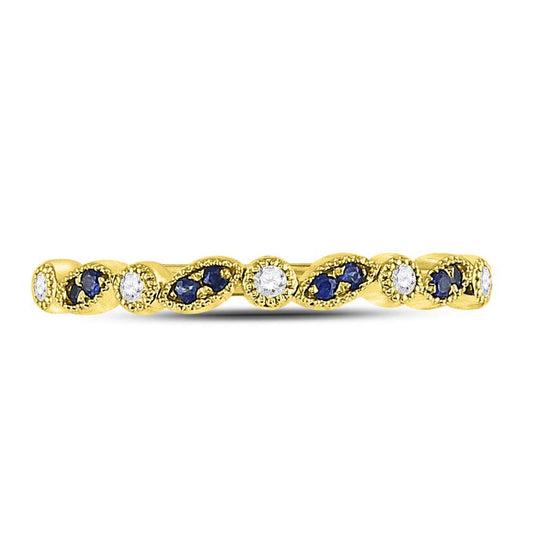 10kt Yellow Gold Womens Round Blue Sapphire Diamond Stackable Band Ring 1/10 Cttw