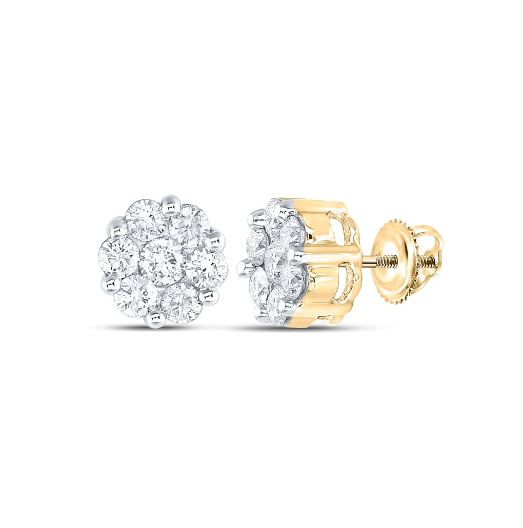 14K Yellow Gold Womens Round Diamond Flower Cluster Earrings 1-1/2 Cttw, Length: 0.35 In, Width: 0.35 In