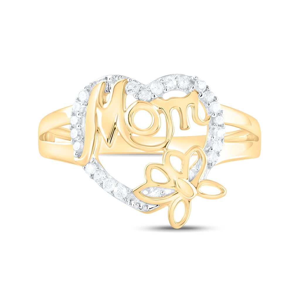 10K Yellow Gold Womens Round Diamond Mom Heart Butterfly Ring 1/6 Cttw, Womens Size: 5-10