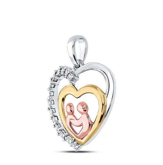 10K Two-tone Gold Womens Round Diamond Child Mom Heart Pendant 1/20 Cttw