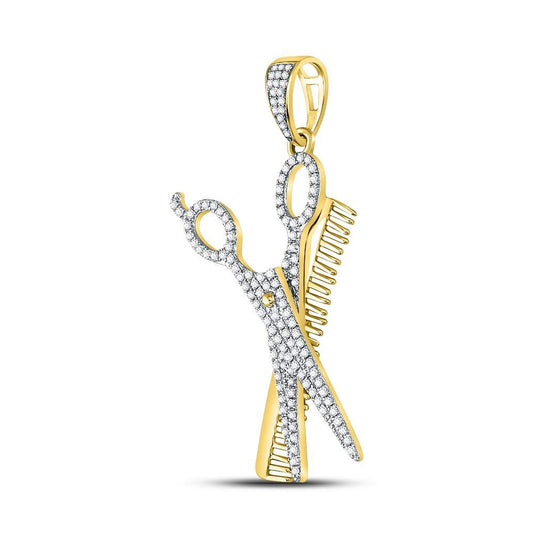 10K Yellow Gold Mens Round Diamond Scissors Comb Barber Charm Pendant 3/4 Cttw, Length: 1.97 In, Width: 0.65 In