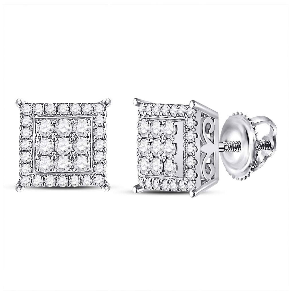 14K White Gold Womens Round Diamond Square Cluster Earrings 1/2ctw