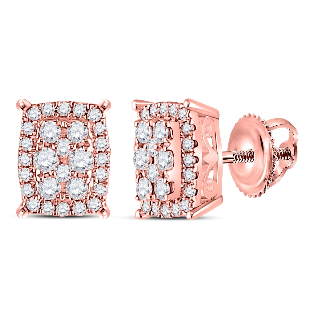 14K Rose Gold Womens Round Diamond Rectangular Cluster Earrings 1/4ctw