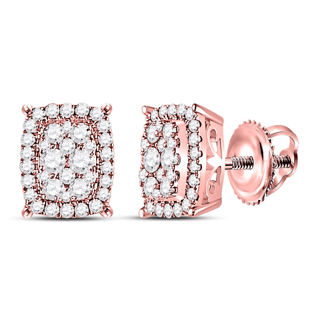 14K Rose Gold Womens Round Diamond Rectangular Cluster Earrings 1/2ctw