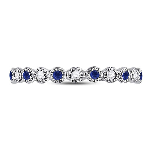10kt White Gold Womens Round Blue Sapphire Diamond Beaded Dot Stackable Band Ring 1/6 Cttw