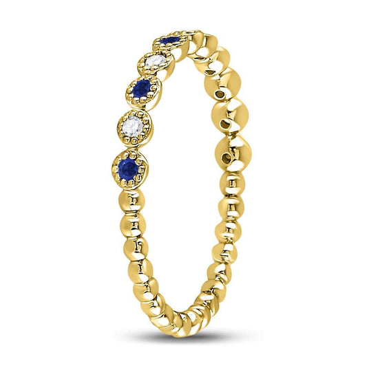 10kt Yellow Gold Womens Round Blue Sapphire Diamond Beaded Dot Stackable Band Ring 1/6 Cttw