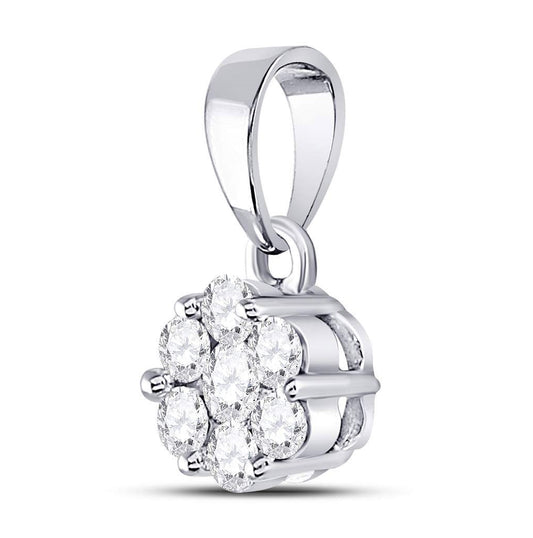 14K White Gold Womens Round Diamond Flower Cluster Pendant 1/2 Cttw, Length: 0.54 In, Width: 0.28 In