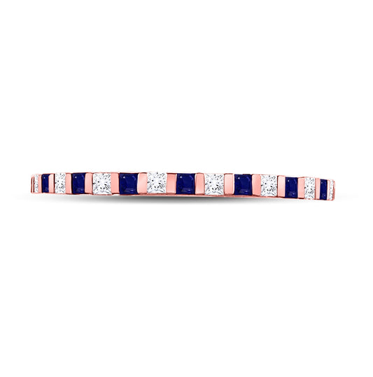 10K Rose Gold Womens Princess Blue Sapphire Diamond Stackable Band Ring 3/8 Cttw, Womens Size: 5-10